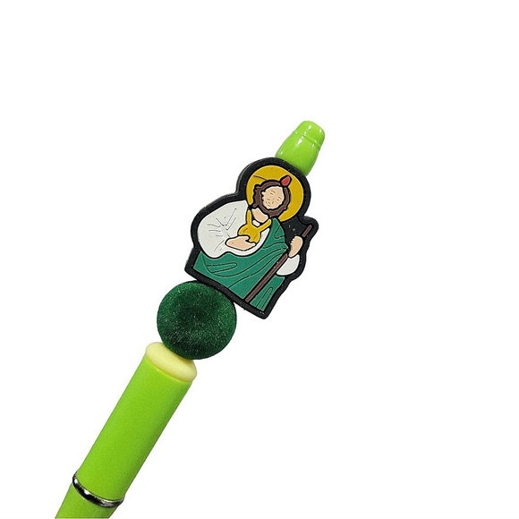 San Judas Tadeo Handmade Beaded Ballpoint Twist Pen Focal Bead Green - Picture 2 of 6